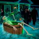 JOYIN 5ft Halloween Animatronic Drinking Skeleton Decorations, Outdoor Haunted Props with Endless Liquid Pouring Effect, Green LED Lights & Spooky Sounds, Life-Size Skeleton for Garden Yard Lawn