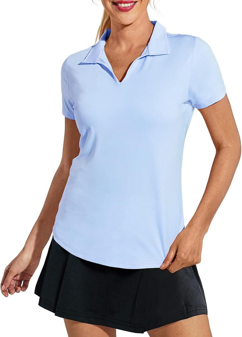 MIER Women's Golf Polo Shirts Collared V Neck Short Sleeve Tennis Shirt, Dry Fit, Moisture Wicking (Blue, S)