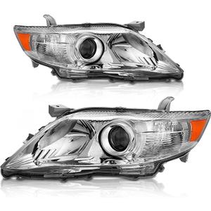 AS 2010 2011 Toyota Camry Headlight Assembly Replacement for 10-11 Toyota Camry Base/LE/XLE Sedan Projector Chrome Housing Amber Reflector Clear Lens Pair
