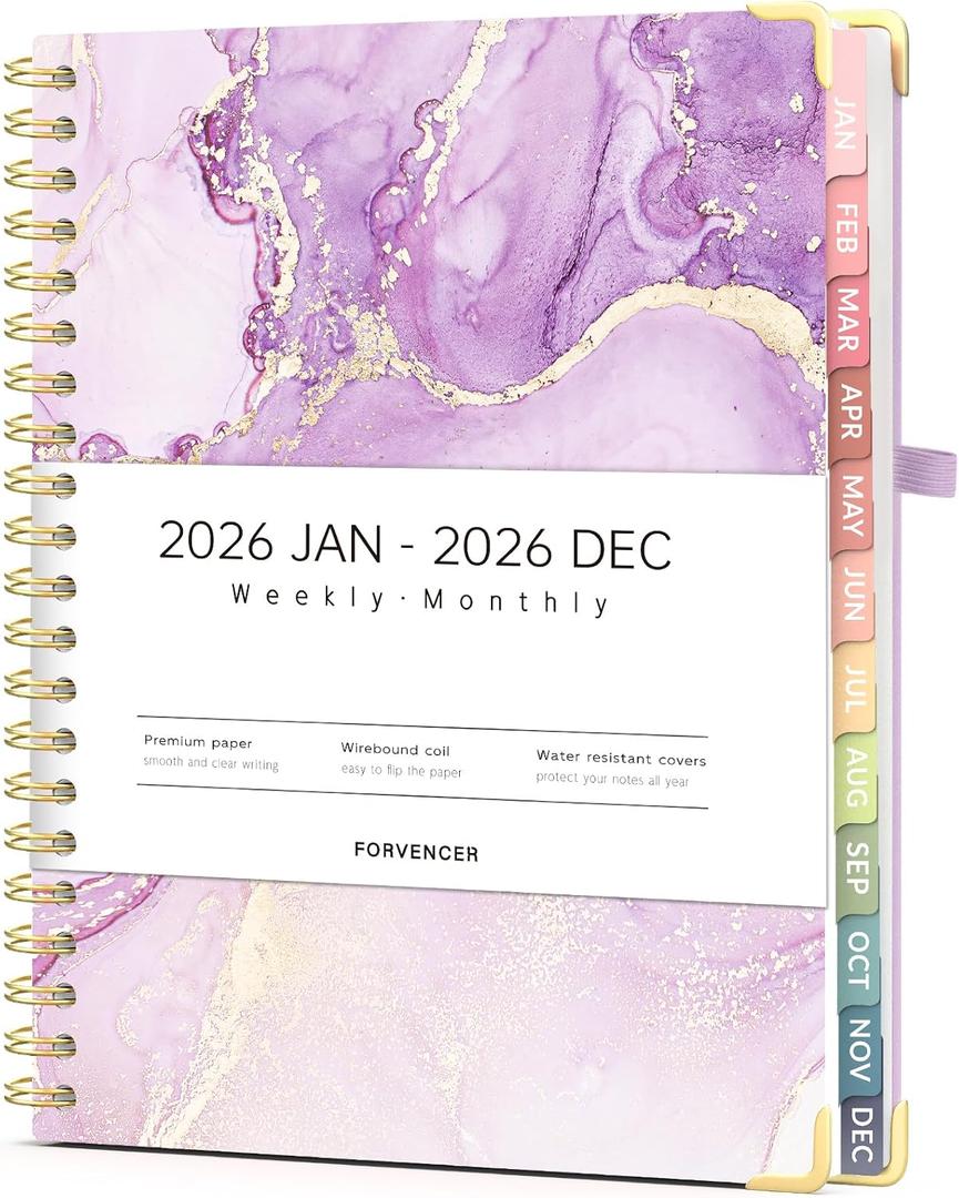 Forvencer 2026 Planner, Weekly and Monthly Calendar Planner for Women, Jan 2026 - Dec 2026, 8.5" x 11", Hardcover Planning Agenda book with Monthly Tabs, Spiral Bound, Inner Pocket, Cute Journal Organizer Notebook for Office School, A4 Size, Light Purple