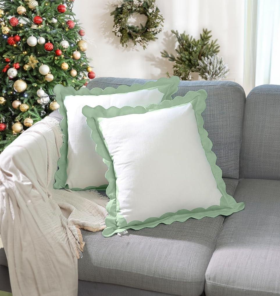 Folkulture Throw Pillow Covers 18x18 Set of 2 Boho Throw Pillows for Couch Pillows for Living Room, Decorative Pillow Covers, Outdoor Pillow Covers, Scalloped Pillow Covers, Sage Green Throw Pillows (Emerald Oasis)