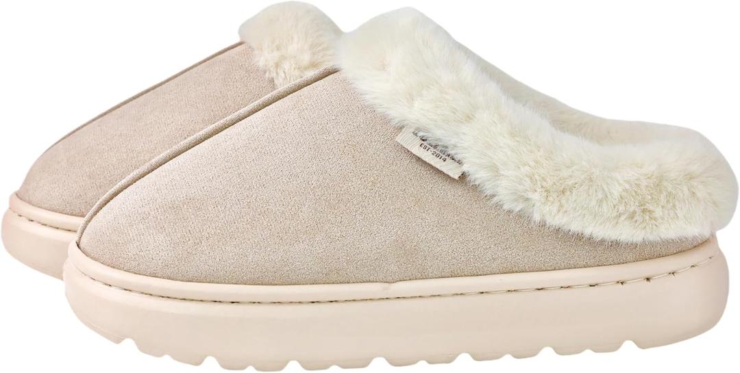 DCLTD Fluffy House Slippers for Women Men Bedroom Shoes Cozy Warm Slip on Indoor and Outdoor Winter Platform Shoes Super Soft Cloud Slippers Christmas Gifts (8.5, Fur Beige)