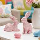 2 x WDS WONDROUS Easter Decorations Floral Bunny Figurines Set, Pink Rabbit Decor with White Flowers, Easter & Spring Tabletop Decor, Farmhouse Home Decor Sculptures for Shelf Coffee Table Mantel