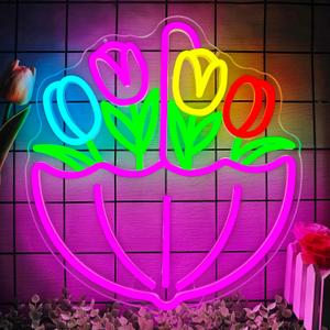 Spring Flower Umbrella Neon Sign Dimmable Tulips Neon Lights April Showers Bring May Flowers Led Sign Easter Wall Art Spring Decorations for Office Classroom