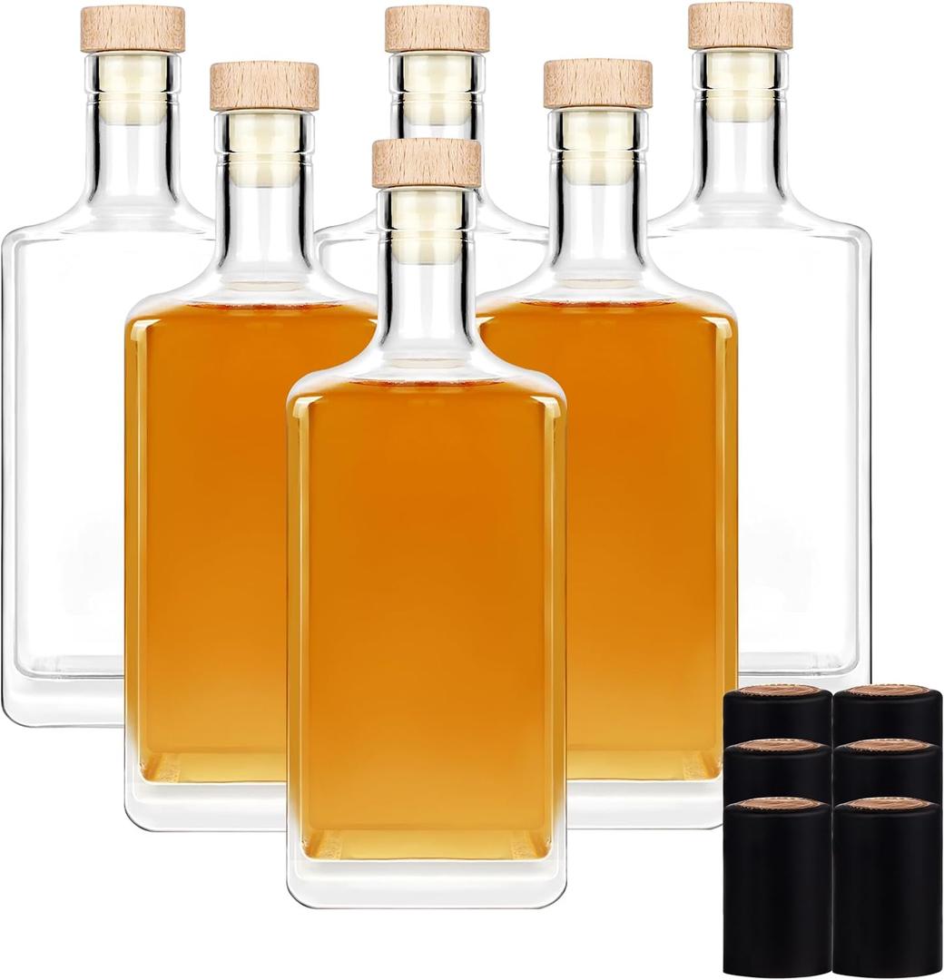 6Pack 8 oz Glass Bottles with Lid 250 ml Clear Empty Bottles with Cork Square Glass Bottle with Cap for Brandy Whiskey Beer Water Soda