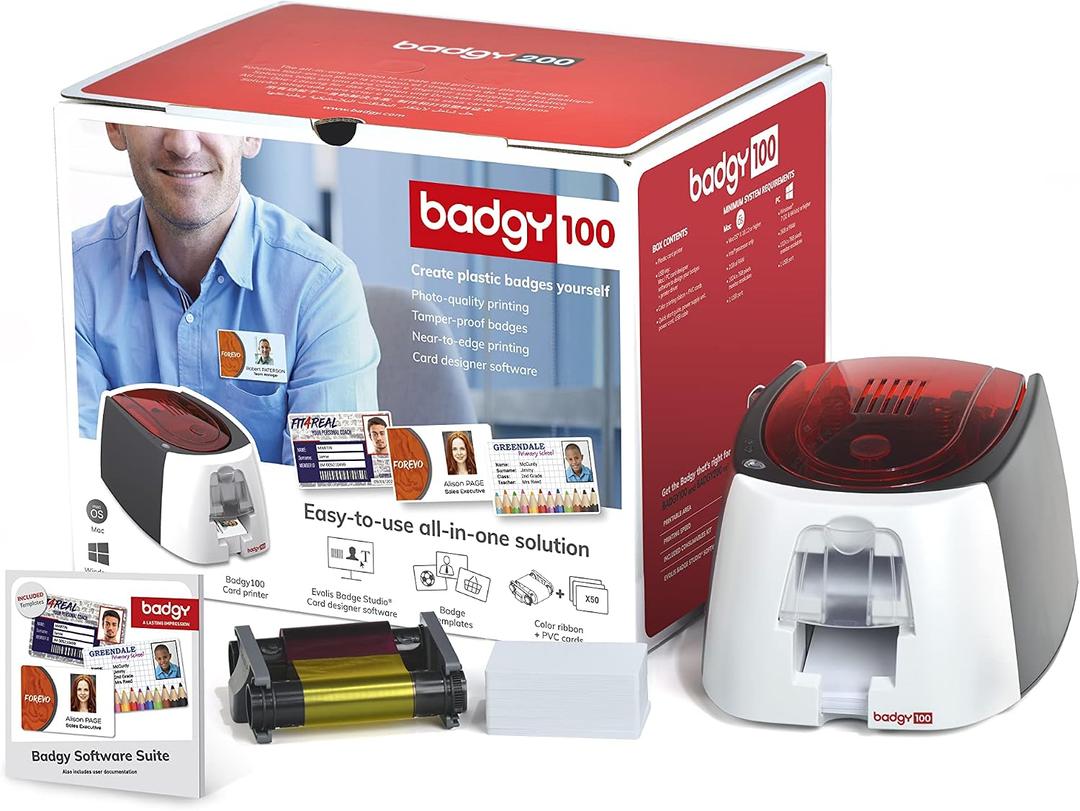 Badgy100 Plastic Card Printer with Badge Studio - ID Design Software for Full Color, Custom, Tamper Proof ID Badges in Seconds