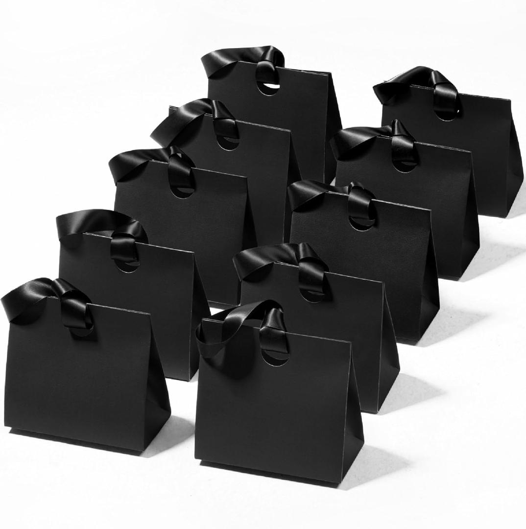 Vitalizart Paper Gift Bags With Ribbon Handles Set of 10 Black Bulk Reusable For Gift Wrap Girls Kids Birthday Bridal Shower Party Favors Goodie Bags Candy Christmas 6.1"x2.95"x5.71" Mini