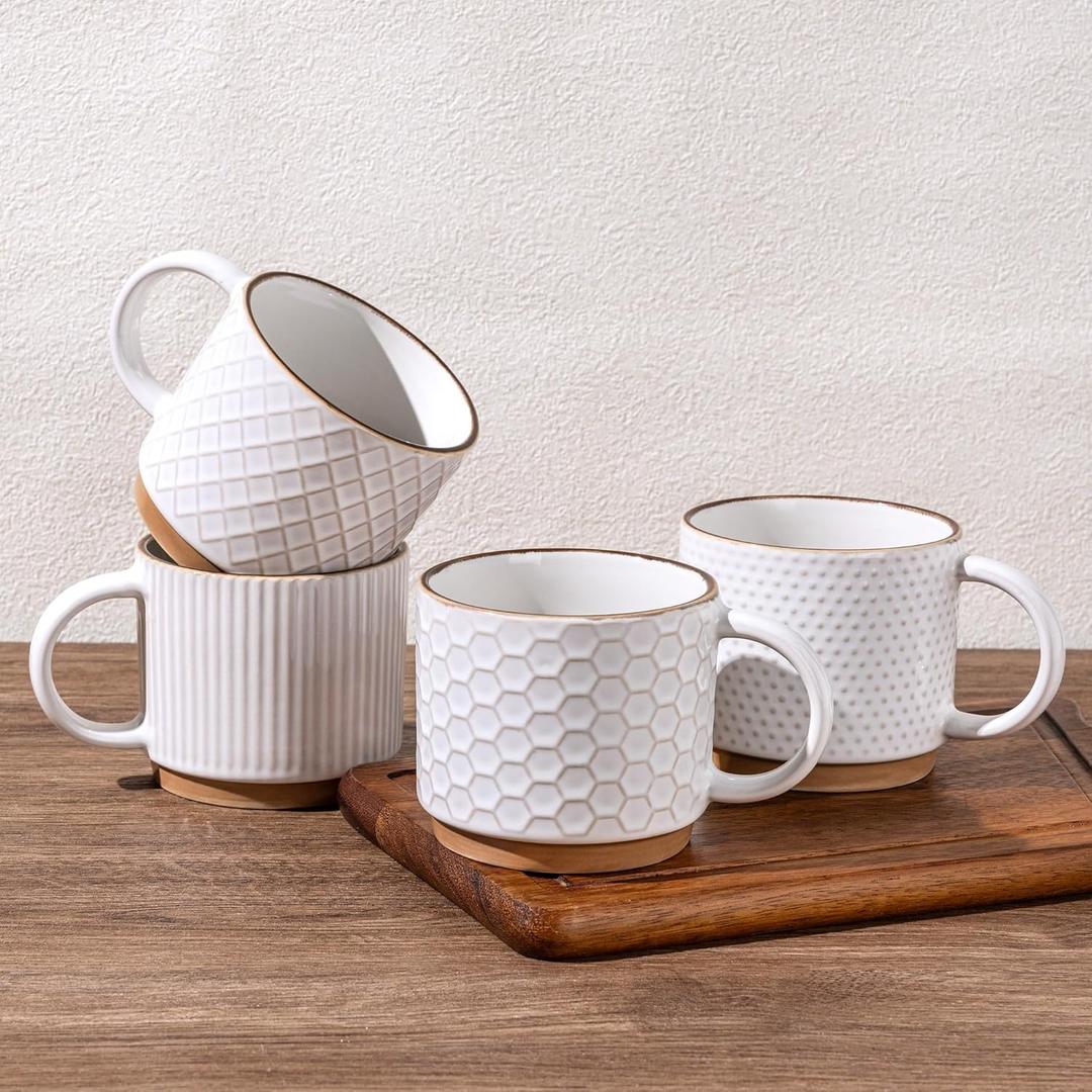 GBhome 15OZ Stackable Coffee Mugs, Ceramic Coffee Mugs with Texture Patterns for Man, Woman, Dad, Mom, Modern Coffee Mugs Set of 4 for Latte/ Cappuccino/ Cocoa. Dishwasher&Microwave Safe, Off White