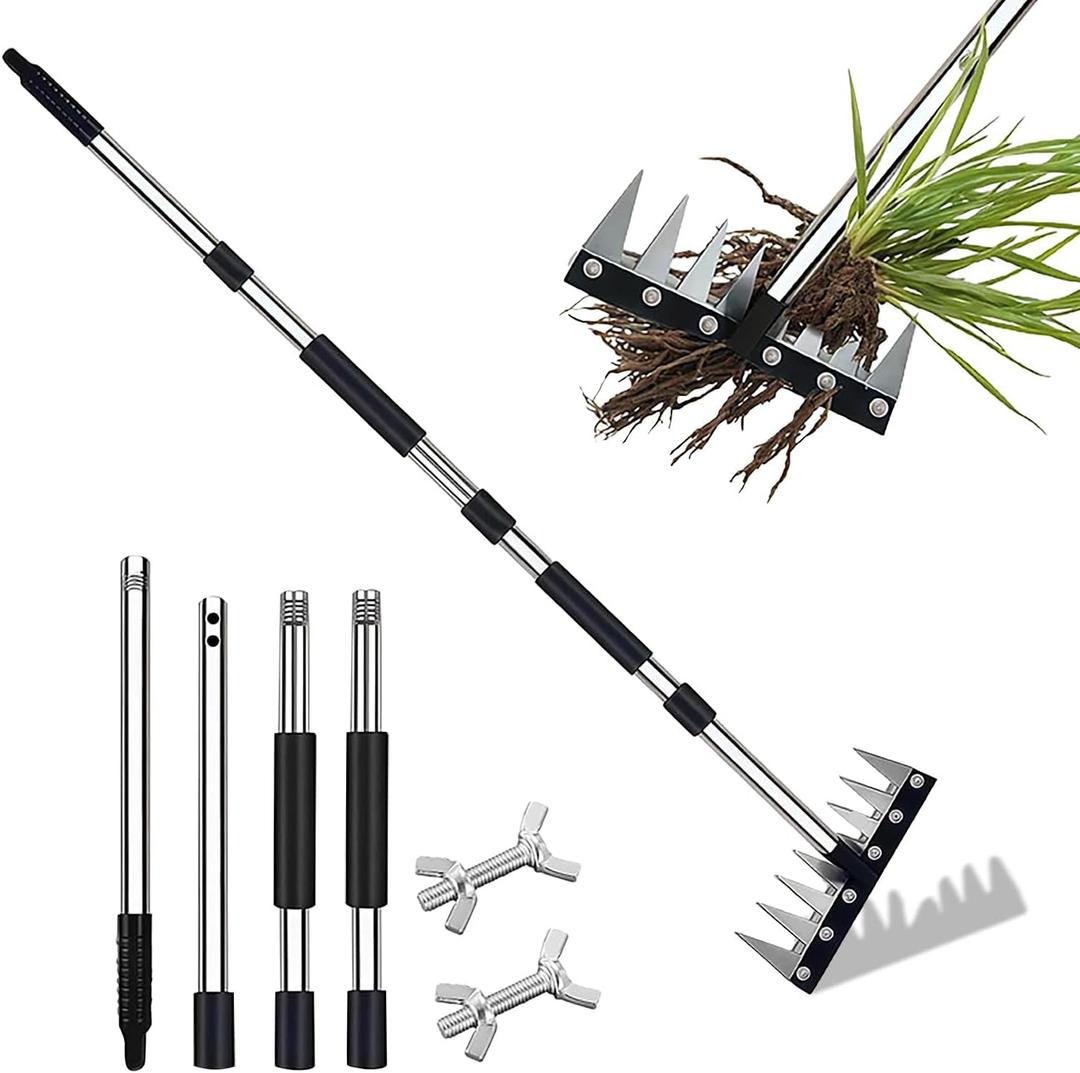 Stainless Steel Weeding Tool, Thickened Version 8 Tines Weeder Rake, Weed Puller Tool with Long Handle, for Removing Weeds, Loosening Soil, Cleaning Flower Beds, Pine Needles & Lawn Prep