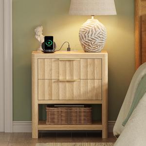 Huuger 27.6 Inch Tall Night Stands with Charger Station, USB-C Port, Fluted Nightstand Larger Wider Bed Side Table with 2 Deep Drawers, Open Shelf, Bedroom Living Room End Table, Natural
