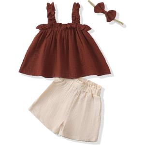 XUANHAO Toddler Baby Girl Clothes Summer Outfits Sleeveless Ruffled Linen Shirts Tank Tops Shorts Kids Girls Clothing Sets (12-18 Months, Rust Red)