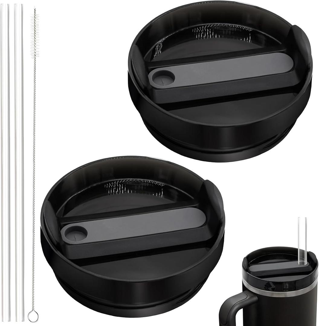 40oz Tumbler Lid Compatible for Stanley, 2 Pack Replacement Tumbler Lids Fit for Stanley Quencher 2.0 Tumbler 40 OZ, with Straws and Cleaning Brush (Black)