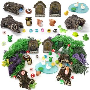 42 Pcs Miniature Fairy Garden Accessories, Fairy Door, Miniature Tree Stumps and Tiny Resin Animal with Moss for DIY Craft, Lawn, Fairy Garden Decor