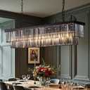 47-inch Rectangle Dining Crystal Chandelier, Hanging Pendant Light with Adjustable 59" Wire, Smoke Gray K9 Crystals, E12 Bulbs Base, Modern Ceiling Light Fixture for Kitchen Island