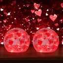 YEAHOME Valentines Day Decorations, Set of 2 Crackle Glass Ball Led Lights with Love Heart Pattern for Table Decor, Lighted Globes with Timer for Home Indoor Living Room Mantel Centerpiece, Red