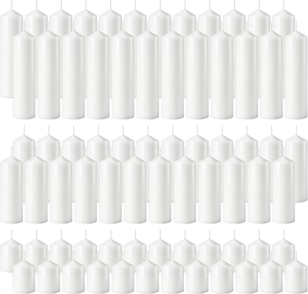 Pillar Candles Bulk Set - Unscented, Smokeless, Dripless | 3 Sizes: 2x3, 2x6, 2x8 Inches | Ideal for Weddings, Christmas & Home Decor (72, White)