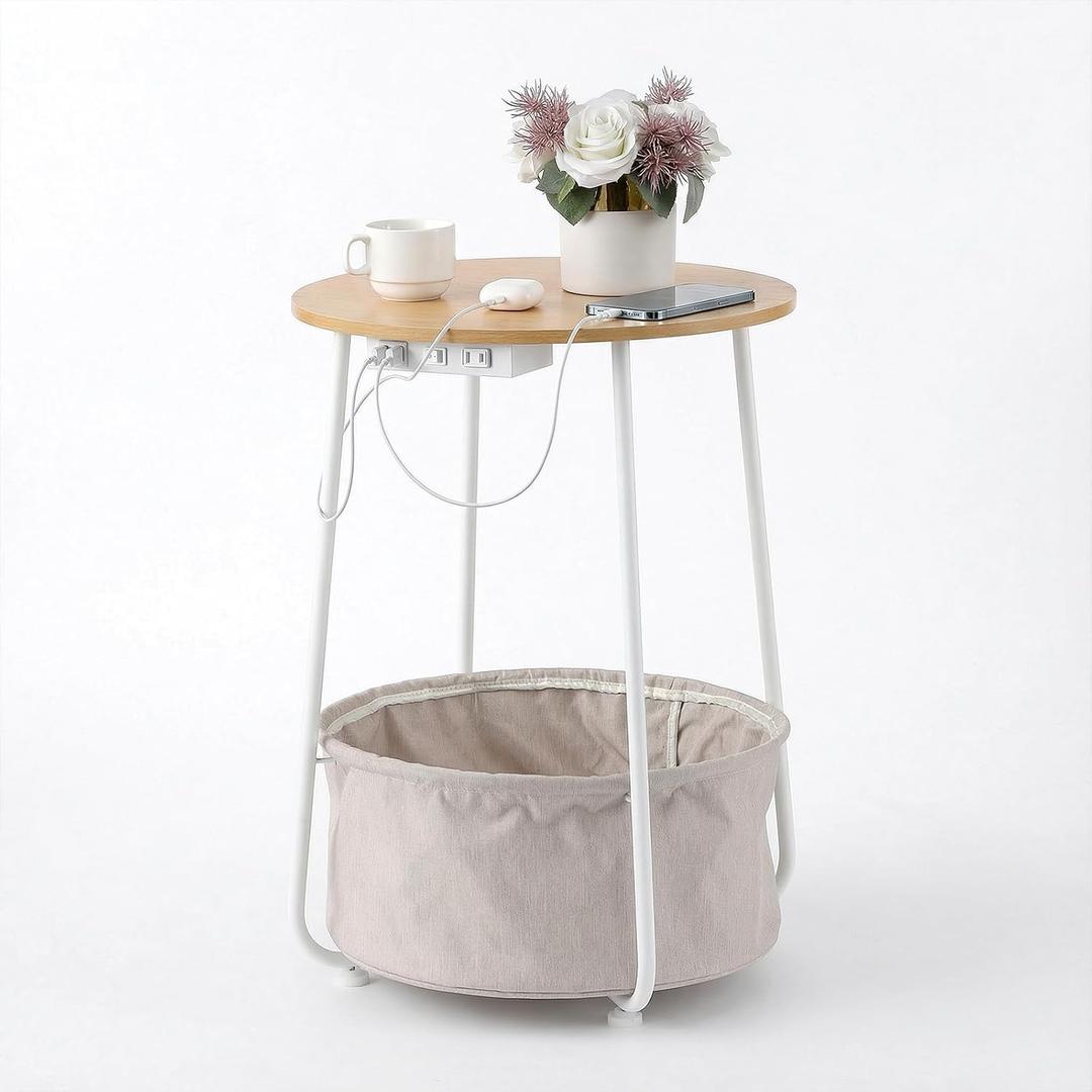 Round Side Table with Charging Station & USB Ports, Modern End Table Nightstand with Fabric Storage Basket, Matte White & Camel Brown Accent Table for Living Room, Bedroom (Burlywood), Small, Round tabletop measures 17.5 