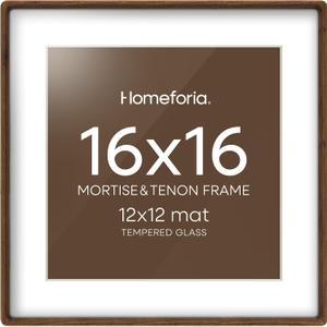Homeforia 16x16 Picture Frame Brown, Mortise & Tenon Walnut 16 x 16 Wooden Square Frames with Mat 12 by 12 for Wall, 16by16 Dark Wood Frame Matted to 12x12 inch Art, Tempered Glass, Wall Kit, Set of 1