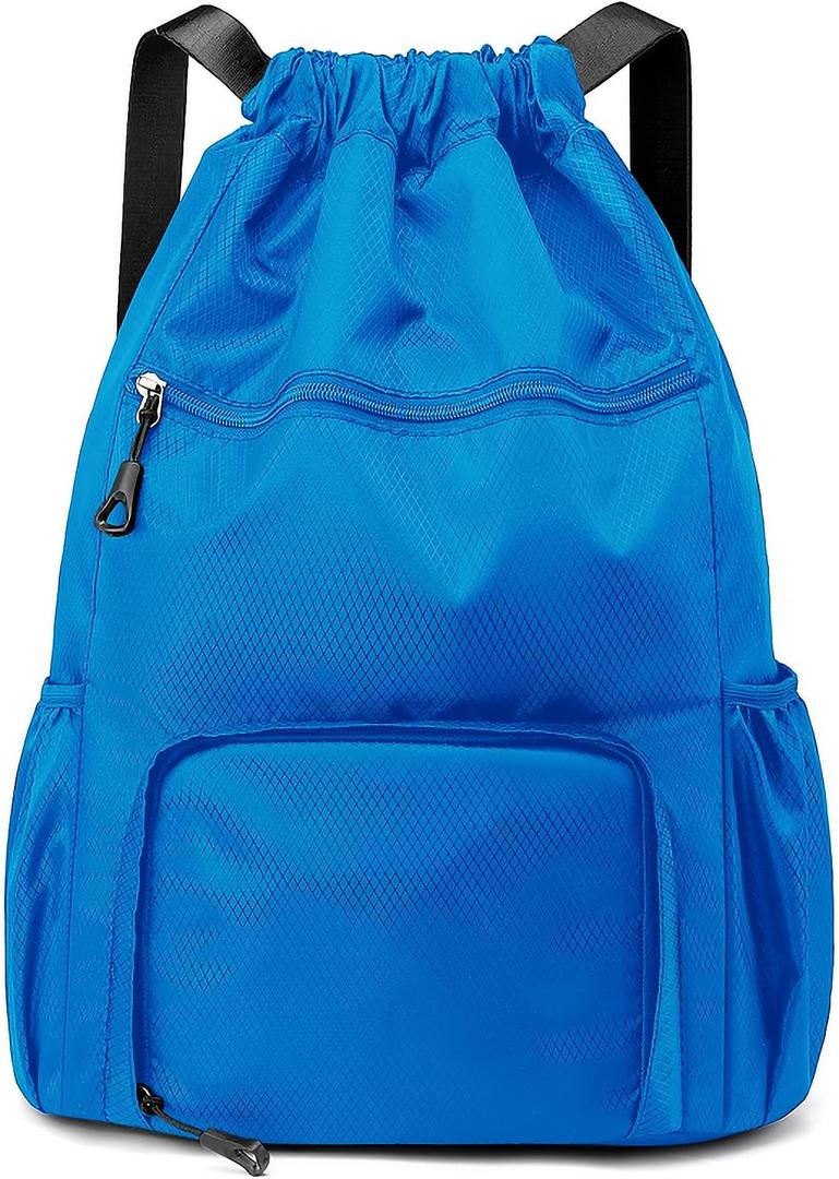 Sports Drawstring Backpack Gym Sack with Shoe Compartment, Durable Oxford Fabric, Wet-Proof Pocket, Water-Resistant Cinch Bag for Men & Women, Foldable & Spacious Athletic Sackpack for Travel Fitness (Blue)