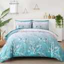 WONGS BEDDING Comforter Set Queen Size, 7 Pieces Aqua Botanical Bed in a Bag Golden Leaves Gradient Bedding Set Soft Microfiber (1 Comforter,2 Pillowcase,2 Pillow Shams,1 Flat Sheet,1 Fitted Sheet)
