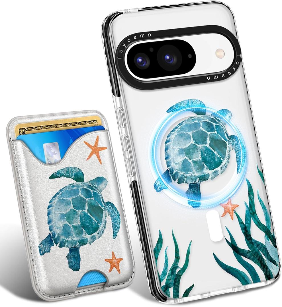 Toycamp for Pixel 9 Pro/Pixel 9 Case - Compatible with Magsafe Credit Card Holder Wallet Magnetic Cute Women Teen Girls Kawaii Girly Unique Sea Turtles Design Phone Cover for Google 9 Pro/Pixel 9