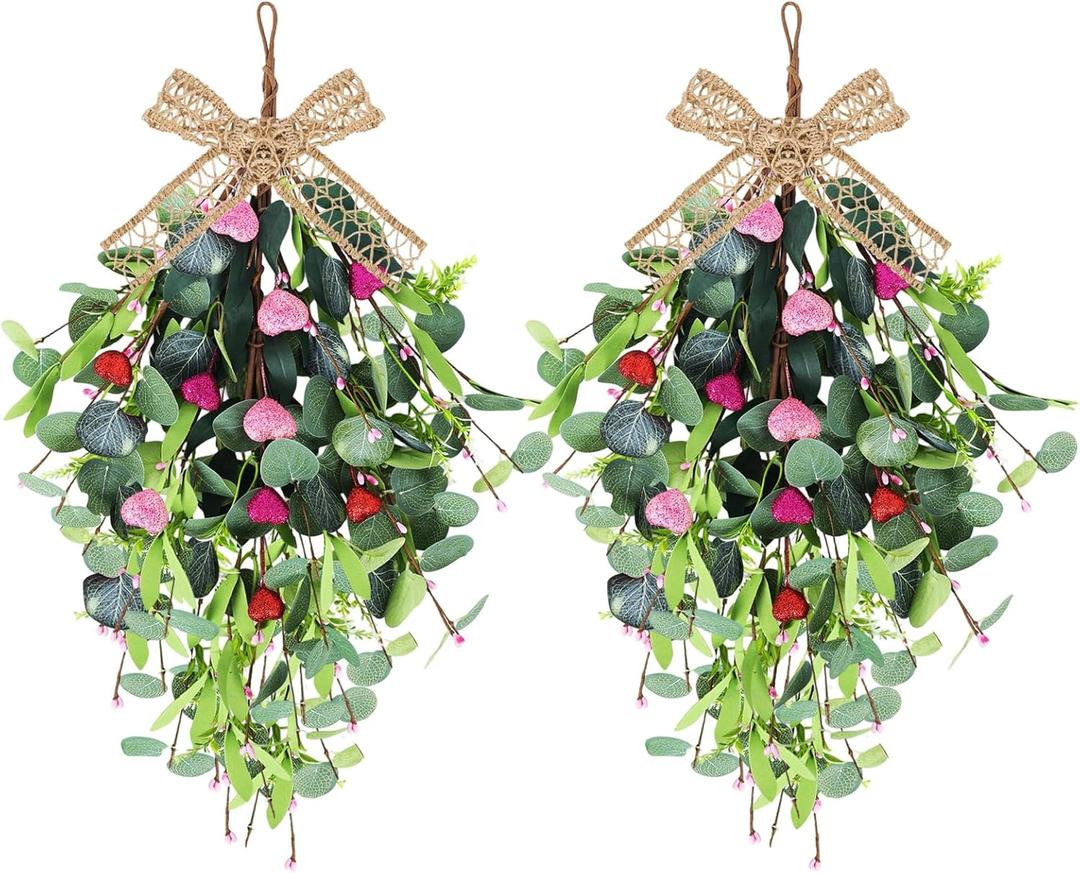 2 Pack Valentines Wreaths for Front Door 22'' Valentines Teardrop Swag Pink and Red Hearts with Linen Ribbon for Valentine's Day Anniversary Wedding Decor Eucalyptus Wreath