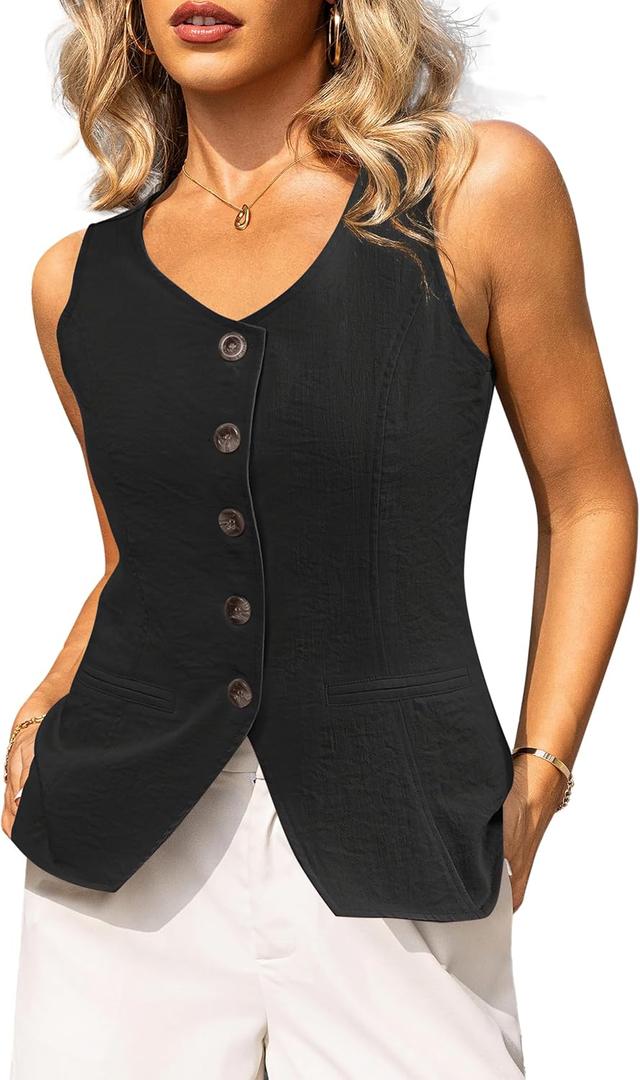 Tralilbee Black Vest Top Women Sleeveless Blazer Fitted Suit Vest Button Down Going Out Work Business Casual, Black, M  