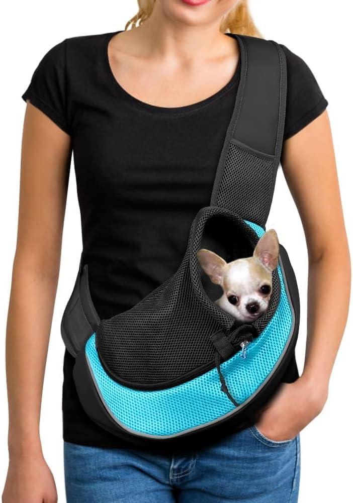 YUDODO Pet Sling Carrier for Small Dogs & Cats  Hands-Free Puppy Carrier with Safety Hook, Large Zipper Pocket, Soft Breathable Mesh, Adjustable Strap & Reflective Strip (Cyan 2.0 M)