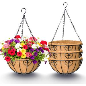 4 Pack 12 Inch Hanging Baskets for Plants Outdoor Metal Hanging Planter Basket with Coco Coir Liner Hanging Flower Baskets Hangings Flower Pots Holder for Garden, Patio(AX)