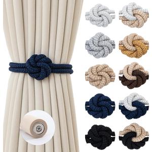Magnetic Curtain Tiebacks Holdbacks - Wood Tie Backs Rope Holder with Floral Knot Design for No Drill Easy Install, Modern Boho Home Decor (8Pack, Navy)