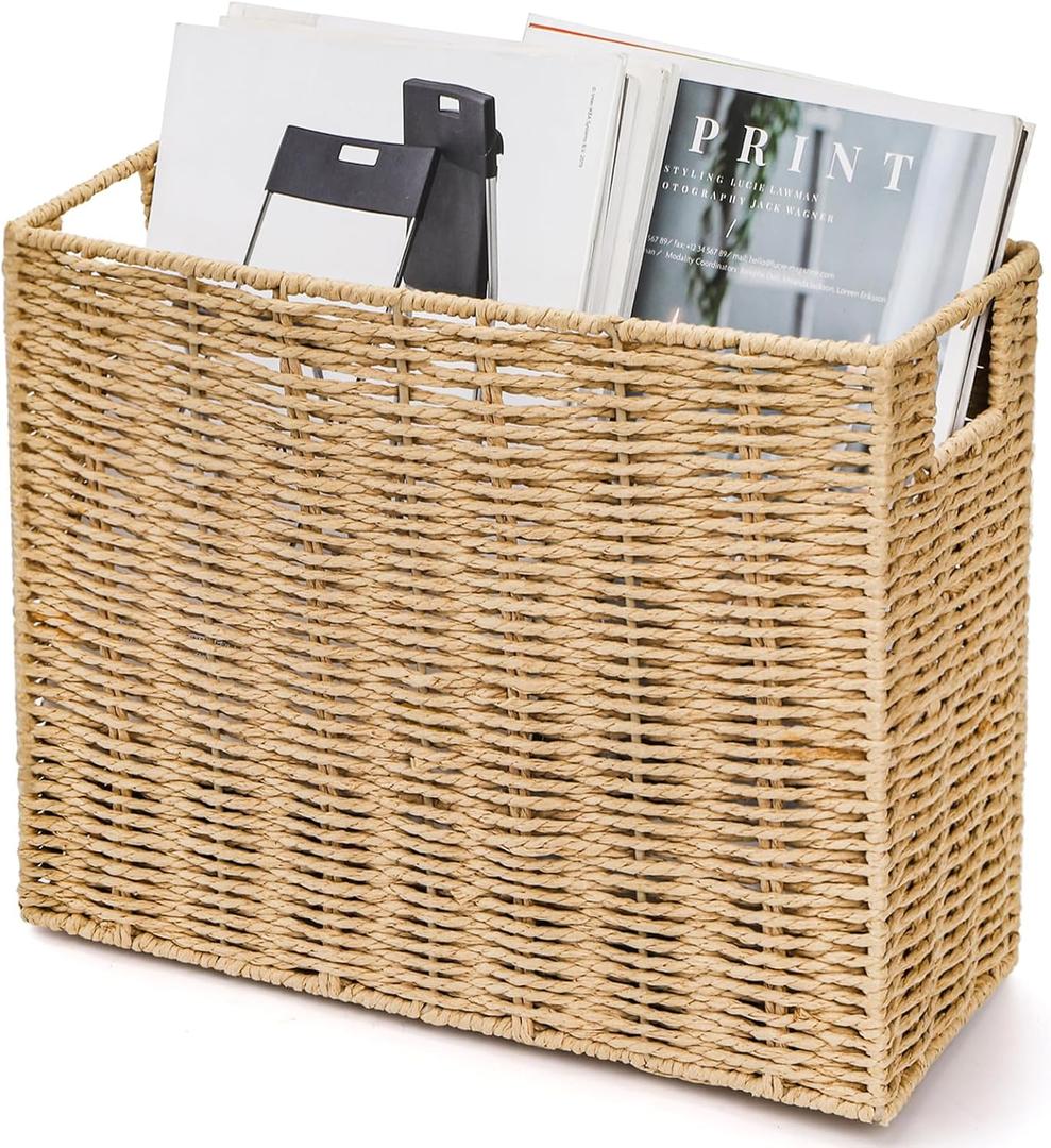 Woven Magazine Holder, 15'' x 6'' x 11'' Book Basket with Built-in Handles, Narrow File Storage Newspaper Organizer for Living Room, Bedroom, Office, Bathroom