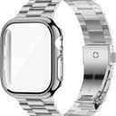 iiteeology Compatible with Apple Watch Band 46mm Series 11 Series 10, Upgraded Stainless Steel Band with iWatch Screen Protector Case for Men Women Silver/Silver