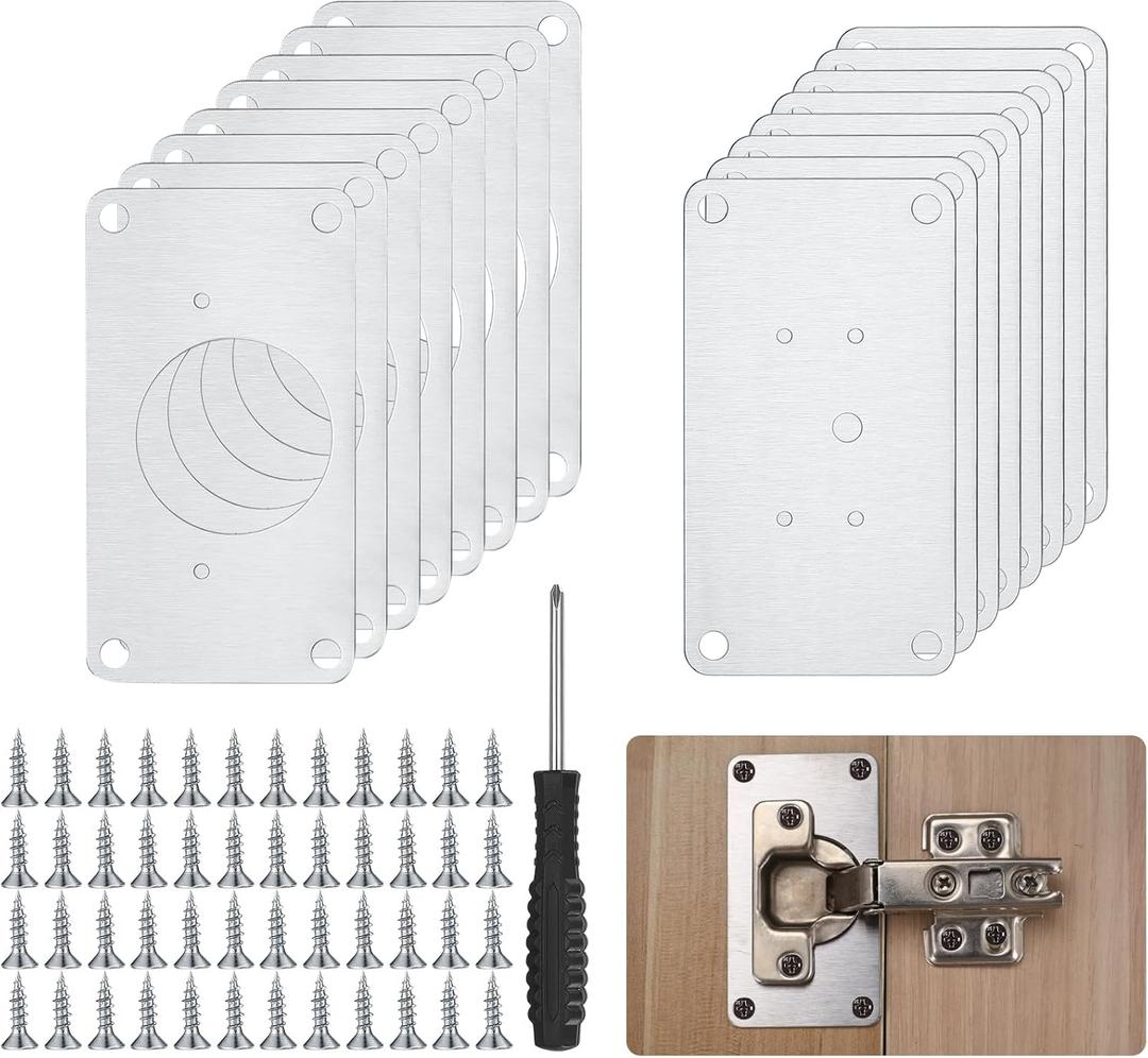 16Pcs Cabinet Hinges Repair Plates, Cabinet Doors Hinge Repair Kit Stainless Steel Furniture Cabinet Drawer Window Repair Plates with Screwdriver