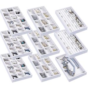 Frebeauty Jewelry Organizer Tray,Stackable Velvet Jewelry Trays,Drawer Inserts Earring Organizer For Women Jewelry Storage Display Case for Rings Stud Necklaces,8.3 x 4.9 x 1 Inches (White)