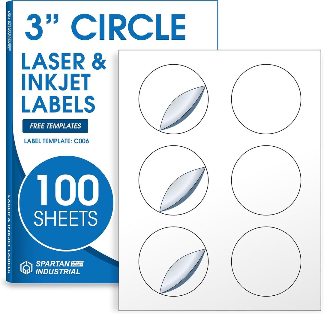 3" Printable Round Labels for Laser and Inkjet Printers - 600 Blank Labels, 100 Sheets for Business Logos, Thank You Stickers, Price Tags, QR Codes - Spartan Industrial Template C006
