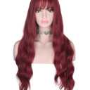 Red Long Wavy Wig with Bangs for Women Heat Resistant Synthetic Hair Wigs for Daily Use(Burgundy)