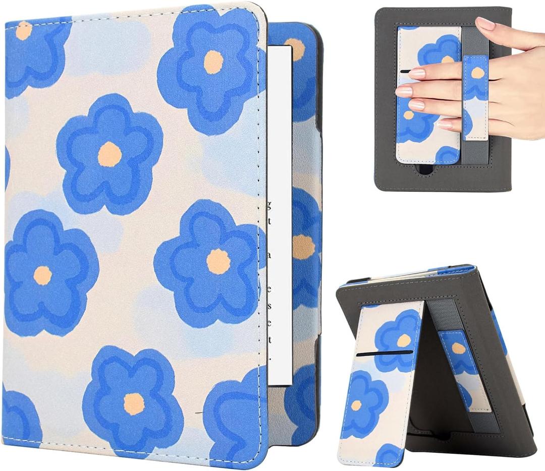 KEROM Case for 7"/6.8" Kindle Paperwhite (12th/11th Gen, 2024/2021), Kindle Colorsoft Signature Edition Case, PU Leather Foldable Stand Cover with Hand Strap & Auto Wake/Sleep, Cute Flowers