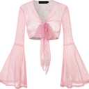 For G and PL Women Tie Front Bell Sleeve Rave Crop Tops Floral Print Hippie Mesh Sheer Shirt (Medium, Sparkly | Pink)
