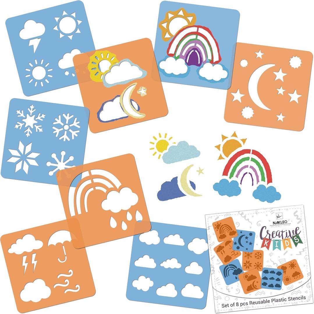 NAKLEO Painting Stencils for Kids, 8 Pcs Set 6x6 Weather, Children Creative Drawing Templates Plastic and Reusable, DIY Decoration Arts and Crafts, Paper Wall Wood Fabric