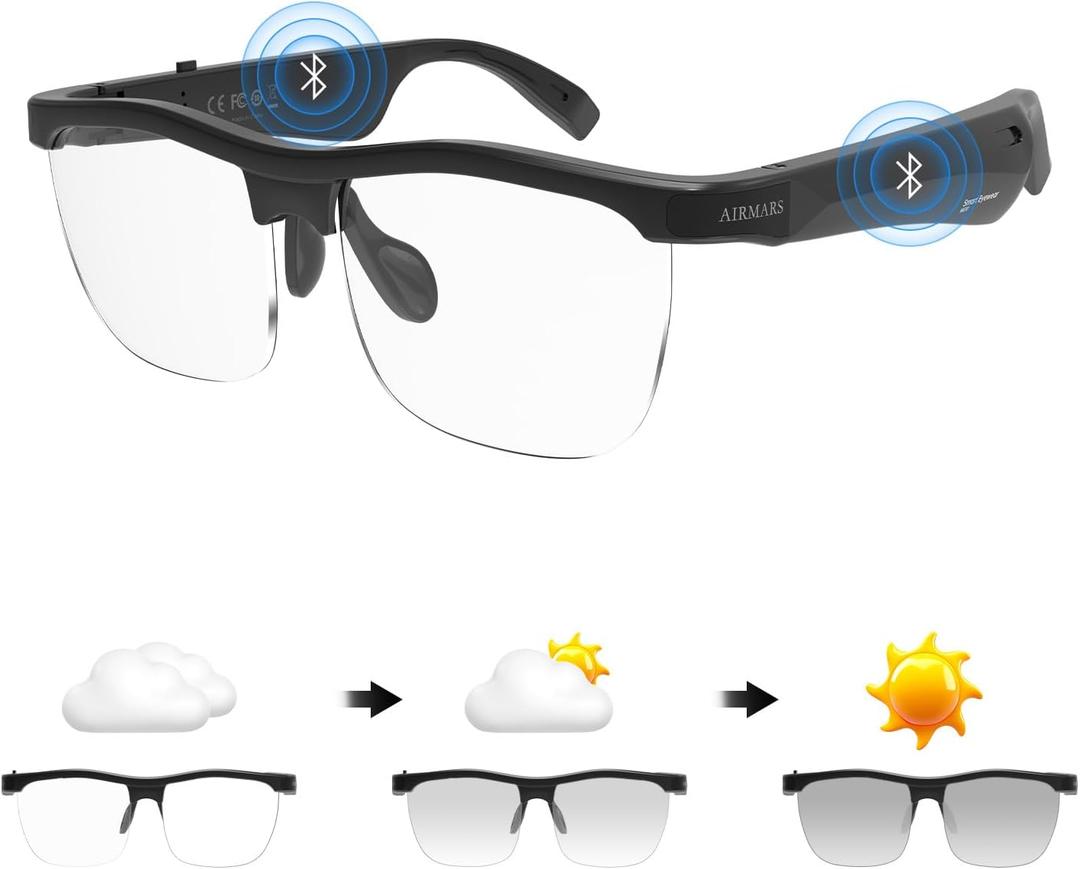 AIRMARS Smart Glasses for Men and Women, Built-in Mic & Speakers, Voice Control, Blue Light Filtering, Photochromic Lenses, UV Protection Audio Sunglasses (Photochromic)