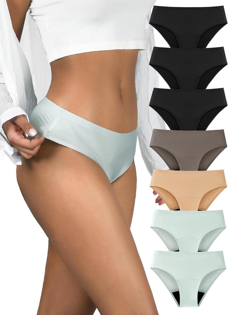 TIICHOO Period Underwear for Women Heavy Flow Period Bikini Seamless Leakproof Underwear 7 Pack (Medium, 3 Black/ 2 Smoke Green/ 1 Brown/ 1 Beige)