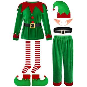 FancyFun 6 Pack Christmas Kids Elf Costume, Boys Christmas Elf Costume Velvet Cosplay Santa's Helper Costume Xmas Outfit 8-10Y