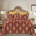 Loom and Mill Luxury Quilt Set 3 Piece, Classic Damask Quilted Bedspread King Size with 2 Shams, Soft Lightweight Jacquard Bedding Coverlet Set for Christmas All Season (Red, King)