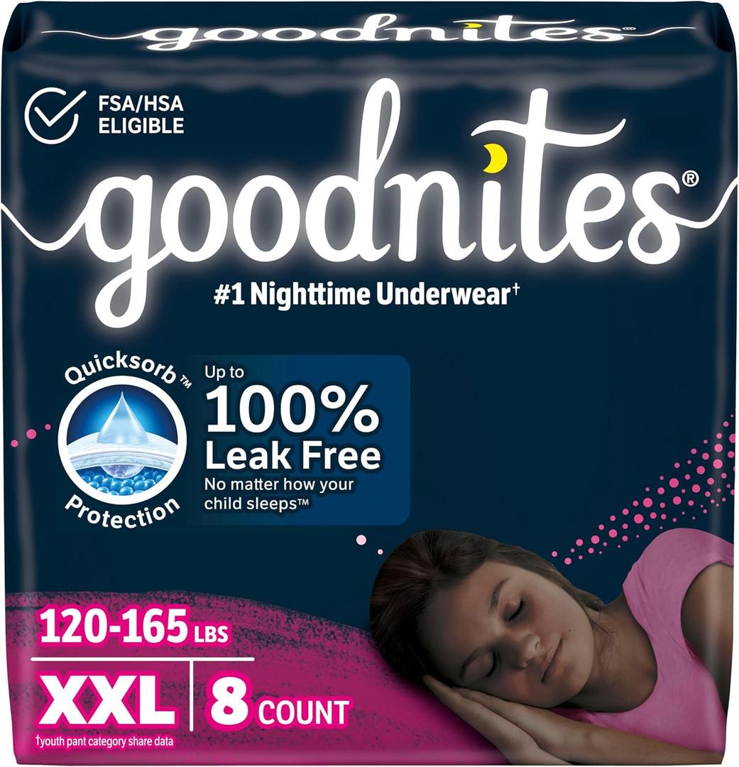 Goodnites Girls' Nighttime Underwear, Size XXL (120-165 lbs), 8 Ct