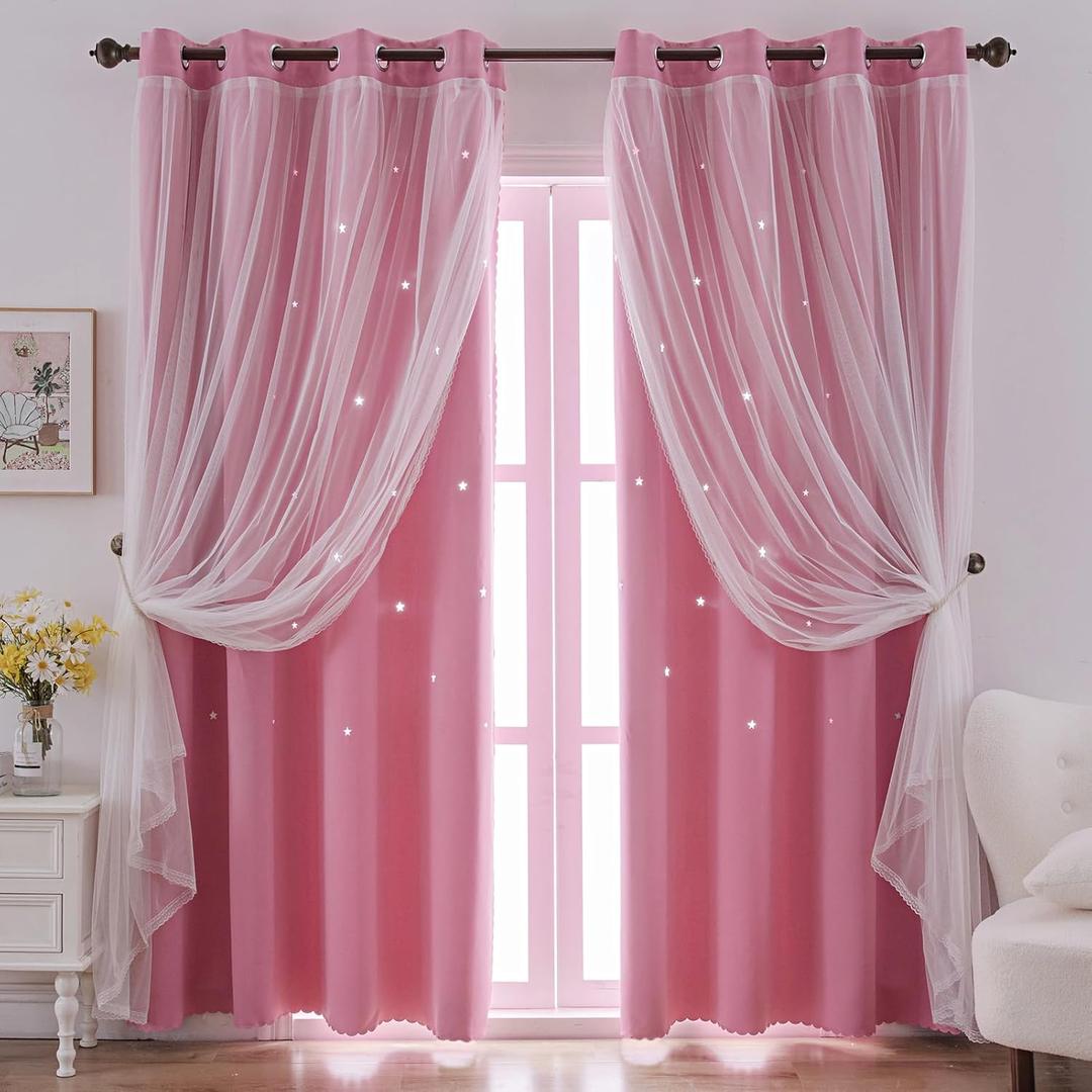 indistar Star Cutout Kids Window Blackout Curtains for Girl Bedroom Window Room Darkening Curtains & Drapes Baby Nursery Curtains (2 Panel,52Wx63L inch,Pink)