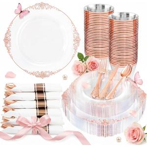 Nervure 175PCS Rose Gold Plastic Plates - Disposable Rose Gold Party Plates & Pre Rolled Napkins with Cutlery for 25 Guests, 50Plates, 75Silverware, 25Cups, 25Napkin for Wedding & Party & Mothers Day