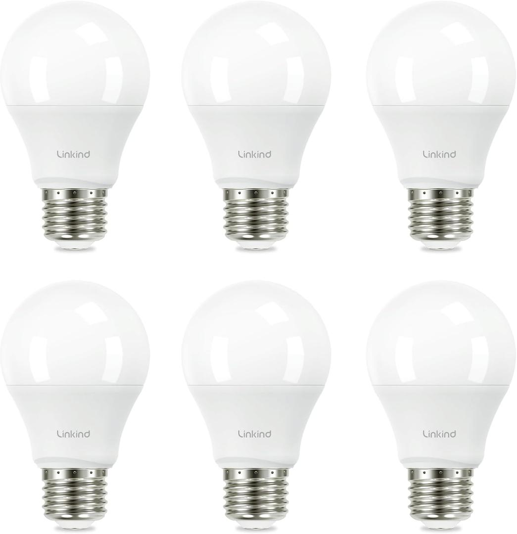 Linkind A19 LED Light Bulb, 60W Equivalent, 9W 2700K Soft White Light Bulbs, 800 Lumens Non-Dimmable LED Bulbs, E26 Standard Base, Energy Efficient UL Listed for Bedroom Home Office, 6 Packs (Soft White-60 Watt)