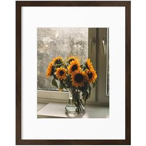 eletecpro 11x14 Walnut Wood Picture Frame with 2 Mats, Display One 8x10 or Five 4x6 Photos, Fits 11x14 Without Mat, Brown Solid Wooden Frame for Wall or Tabletop, Rustic Decor