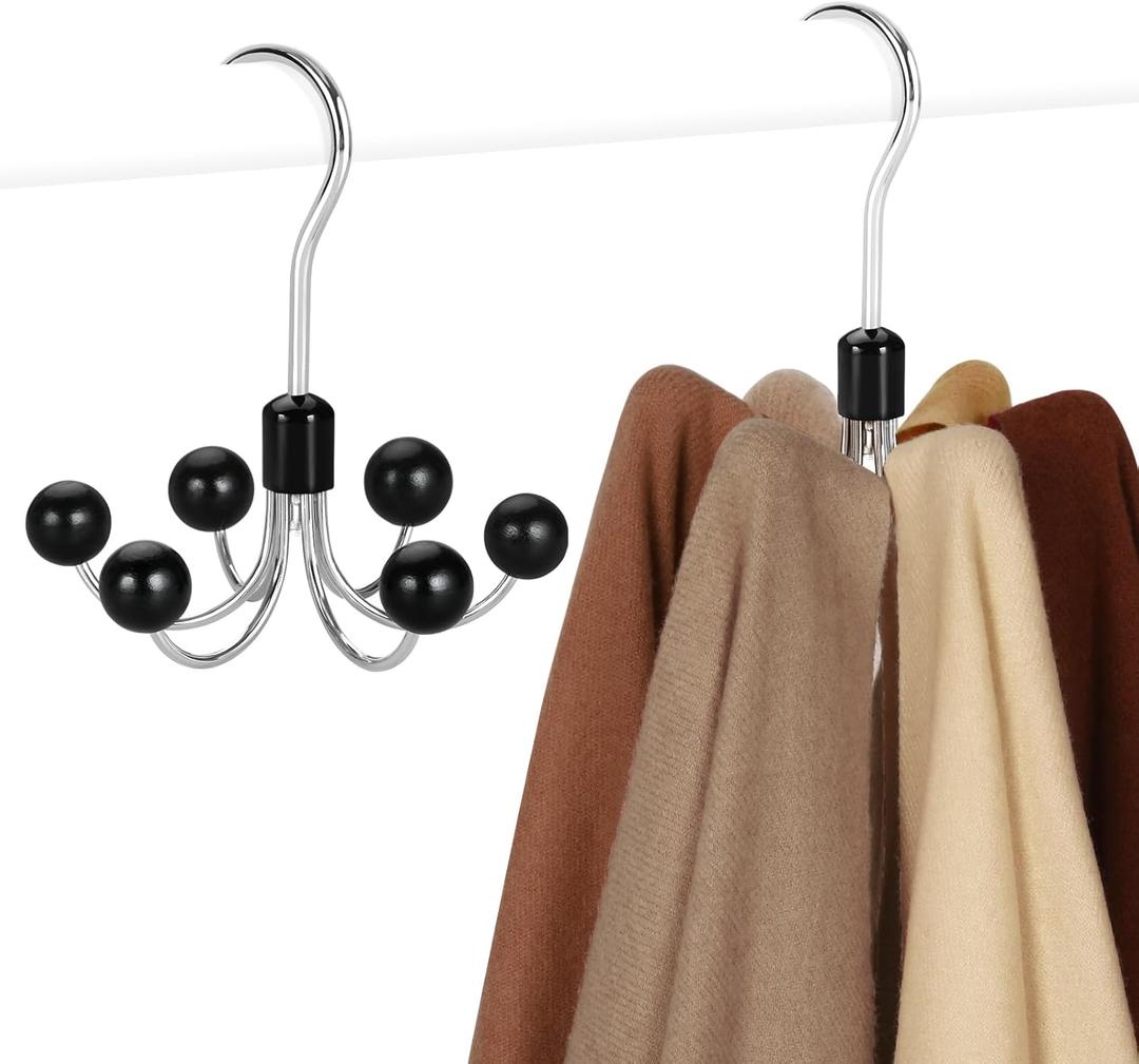 TOPIA HANGER Hoodie Hangers 2-Pack with 6 Wood Balls, 360Swivel Purse Hanger, Scarf Hanger, Closet Hooks, Handbag Organizer, Bra Hanger, Accessory Organizers for Scarf, Tanktop, Hat, Hoodie CT43B (Black)