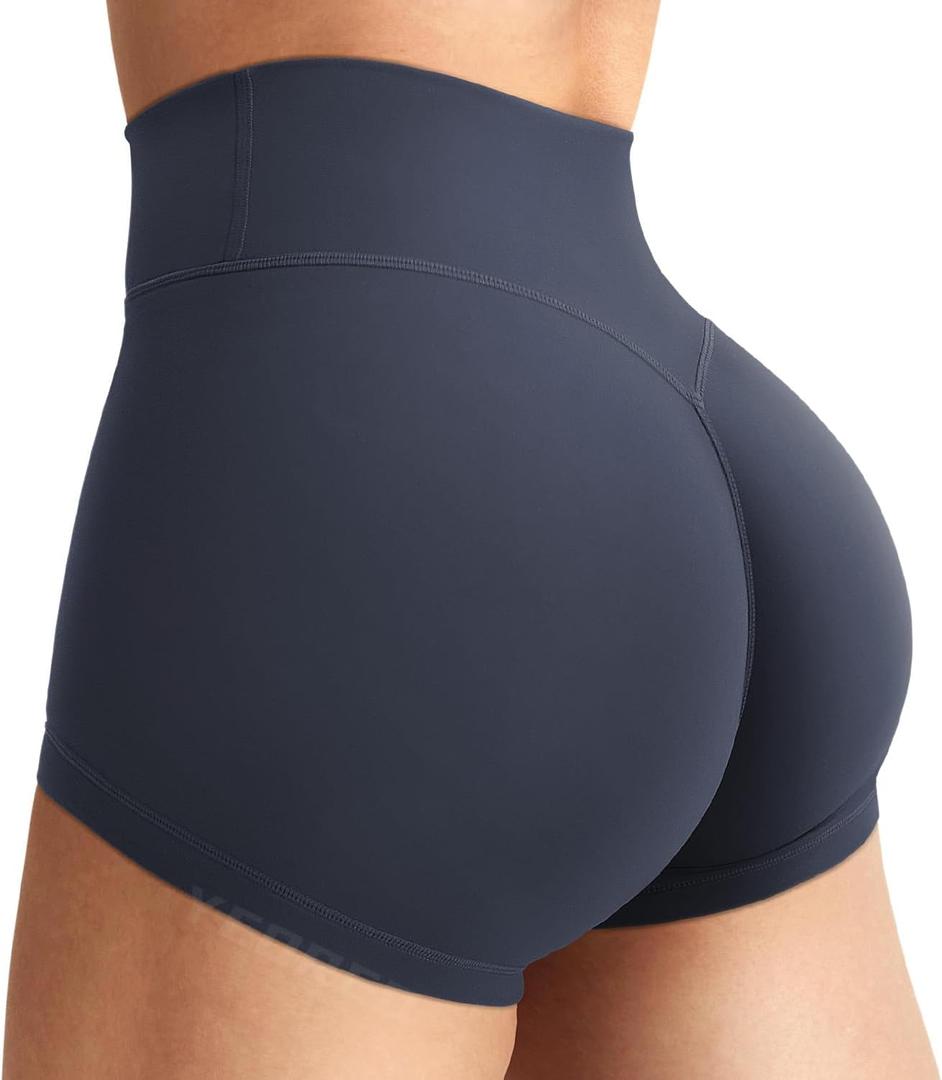 YEOREO Women's Biker Shorts 2.5" No Front Seam Elysina High Waist Hidden Scrunch Workout Gym Yoga Running Shorts (Blue Gray)